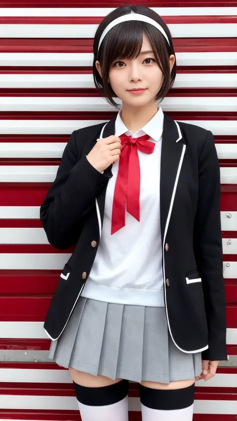 40 year old cute Japanese woman　 short bob　charcoal headband 　round face　My cheekbones are slightly sticking out　 high school uniform　 blazer　 red ribbon　 short skirt　 white and black horizontal stripe knee-high socks