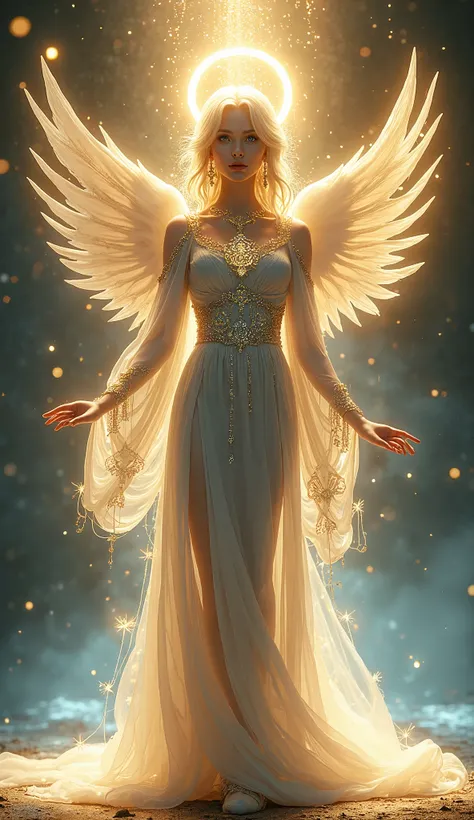 Design a mesmerizing scene featuring a mystical hybrid being that embodies both divine grace and celestial radiance. This creature has the delicate yet awe-inspiring beauty of a woman, with the head of an Angel girl—adorned with a glowing halo, ethereal go...