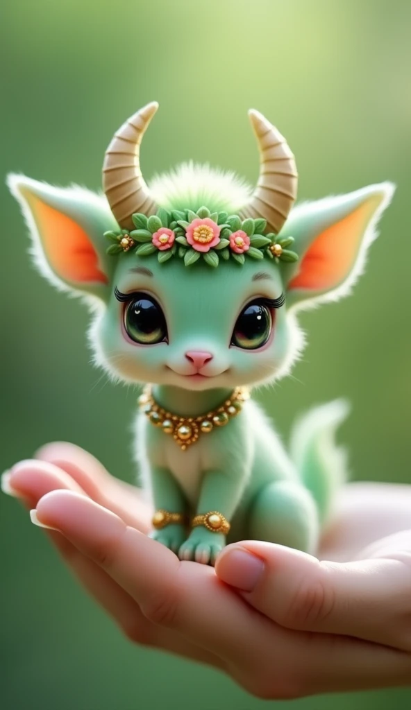 a cute and charming little speck,  with a stylized and fanciful look . The animal has light green fur ,  large, expressive eyes ,  and delicate horns adorned with a flower crown Addicted, Including green color-green .  She also wears gold accessories , com...