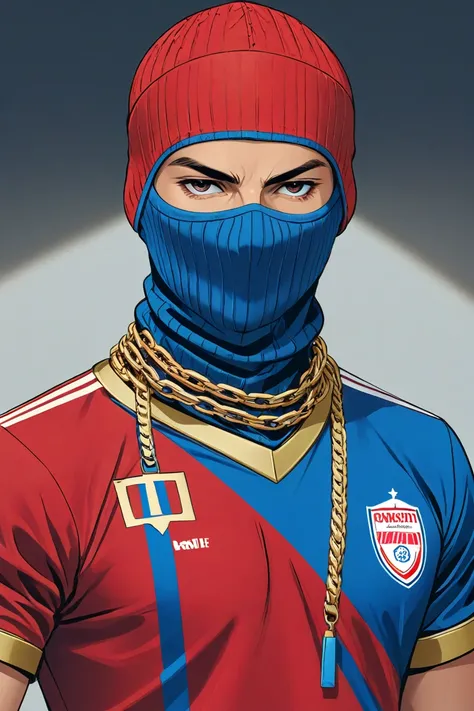 Barriste soccer player with blue and red shirt,wearing a balaclava and with gold chains around his neck