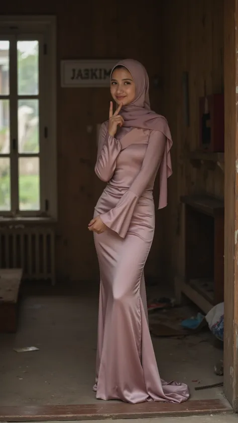 Realistic shot. 1 female, malay female, in a stunning satin long dress clinging onto her perfect figure , wearing a hijab, hijabi, perfect body. Cute smile. Perfect hourglass body. Very cute face. Slim girl with a soft face. In her living room. Old wooden ...