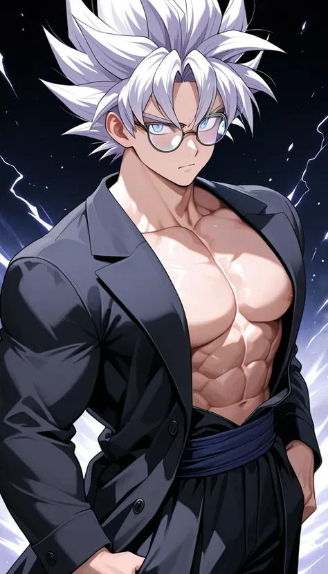 Black goku in pant coat best aesthetic close up muscular best ultra instinct Goku white hairs attitude eye glasses