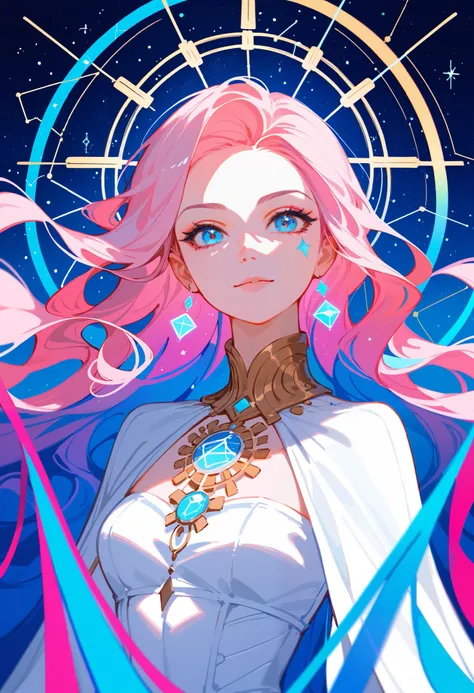 (超 High Resolution,  High Resolution,  Super Details),  1girl ,  Constellation - Aries Goddess  ,  alone , girl， nice face ， Baroque , Long Dress ,  grace, Colorful,  highest detail ,  White and pink mixed hair .  Blue Eyes  . Brave, Discreet ,wavy hairsty...