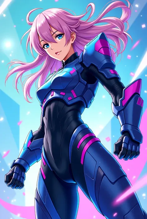 An anime-style vector design of a character with futuristic armor in a dynamic action pose. The character has flowing hair and expressive eyes. The armor combines modern technology and traditional anime aesthetics, with sleek lines and a bright color palet...