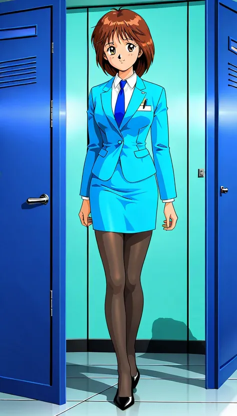  Masterpiece、 top quality、Good quality、Mochida Mahoko 、 Hair、Tea pupil、1990s( style)、角井綾 style、 anime images,全身 style、 normal breasts、 black tights、 in a suit、 blue jacket, collared shirt、 white shirt 、 blue tie, blue mini pencil skirt, black tights、Black ...