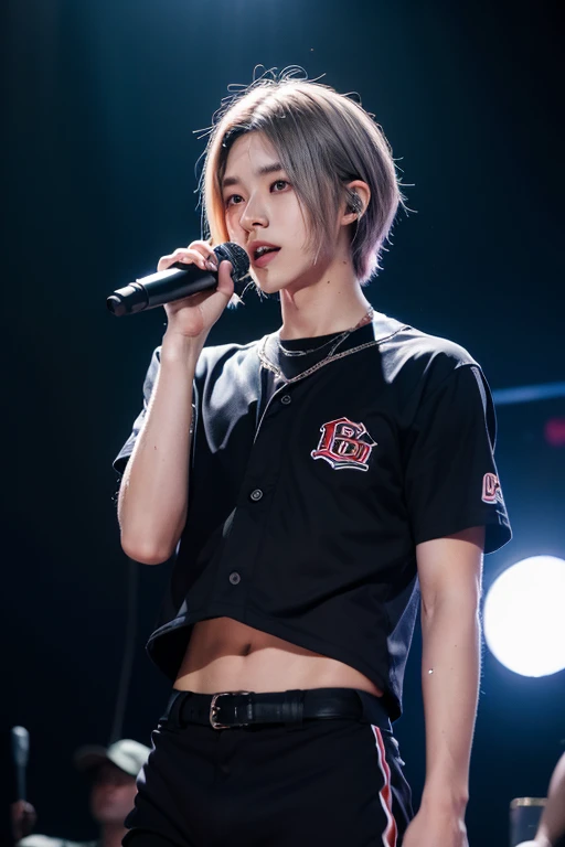 8k,  ultra high resolution,  Photorealistic,  male, Japanese men's underground idol , 23 years old,  sharp face line,  silver ash hair standing in a baseball field,  Cool Expressions ,  black and red idol costume,  singing with a microphone on stage,  swea...