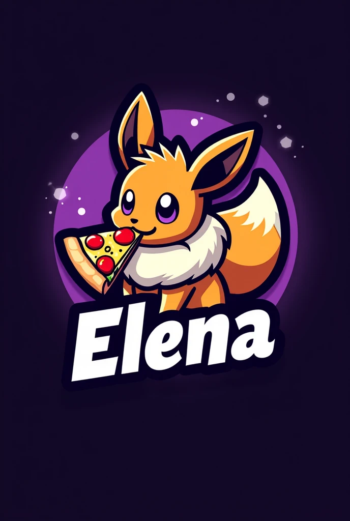 Esports gaming style logo with only pokemon Eevee inside who eats pizza the inside borders are a mix od purple and black color and the logo name is Elena