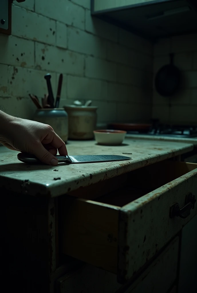  In a kitchen almost in complete darkness ,  the image captures the moment when Lucía makes an irreversible decision .
composition:
 The scene focuses on the action of opening an old and worn drawer .
 With a firm and decisive hand ,  Lucía pulls out a kni...