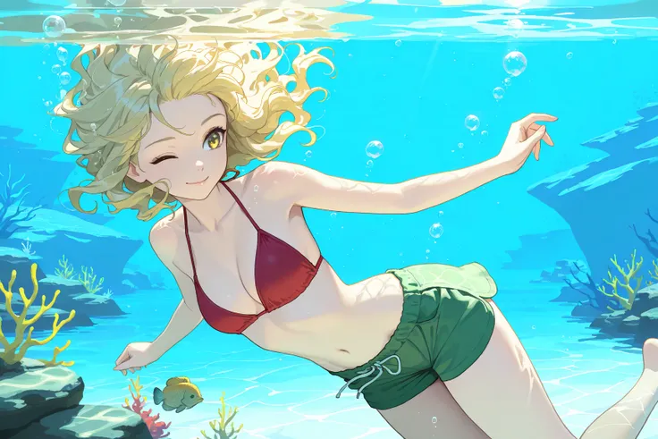 High resolution, Super detailed, Best Quality, masterpiece, 8K, 4K, beautiful background, the best aesthetics, (flat color:0.6),navel,
1girl, blonde_hair, yellow_eyes, wavy hair, medium hair,wink, underwater, swimming, clear river water, red bikini top, gr...