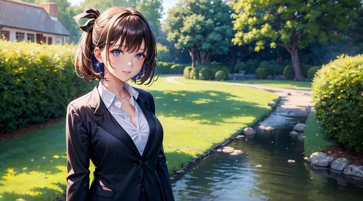 1girl, full body, summer, trees, house, fantasy landscape, water, fish, birds, stone bridge, light brown hair, short hair, large full breasts, dark blue eyes, large shiny eyes, ((black blazer)), ((white silk shirt)), ((unbuttoned shirt)), black skirt, smil...