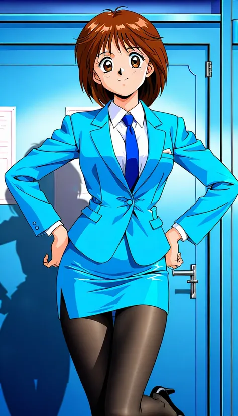  Masterpiece、 top quality、Good quality、Mochida Mahoko 、 Hair、Tea pupil、1990s( style)、角井綾 style、 anime images,全身 style、 normal breasts、 black tights、 in a suit、 blue jacket, collared shirt、 white shirt 、 blue tie, blue mini pencil skirt, black tights、Black ...