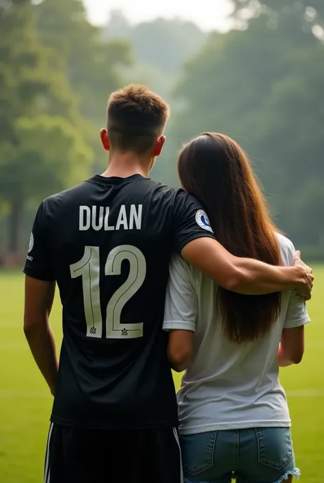 4k mobile wallpaper of soccer player with his girlfriend. Player's jersey number is 12 and jersey name is Dulan.  jersey colour is black.  Player's face is can't see because he is in backside 