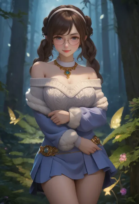 masterpiece, best quality, highly detailed, 1girl, solo, twintails, off-shoulder sweater dress, choker, large glasses, gold locket, jacket, hairband, looking at viewer, smile, blush, Wide Smile, Eyes Detailed & Wide, sexy Pose. Ultra HD, Rococo-Inspired Fa...