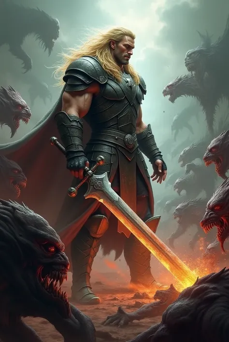 A blond warrior with big hair fighting demons with a sword 