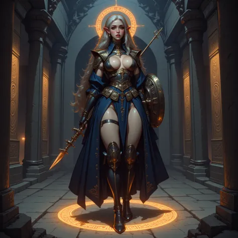 - Main Character, "Greek" Adult Woman, Beautiful, Tall, Long Legs, Long Hair, Halo Circle Full of Gold Shining Carvings.

- Wearing a costume ("Full Sexy Armor").
The Chest and Thigh Armor are half open.

Futuristic Costume Design
Wearing a Navy Blue Dull ...