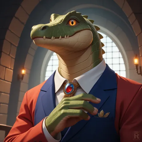 soft shading, 4k, detailed hands, (detailed face), (detailed eyes:1.0), (Detailed) soft lighting, focus on anatomical details, realistic textures, Highly detailed, High Quality. Masterpiece, beautiful, 1boy, solo, (brown alligator), textured scales, realis...