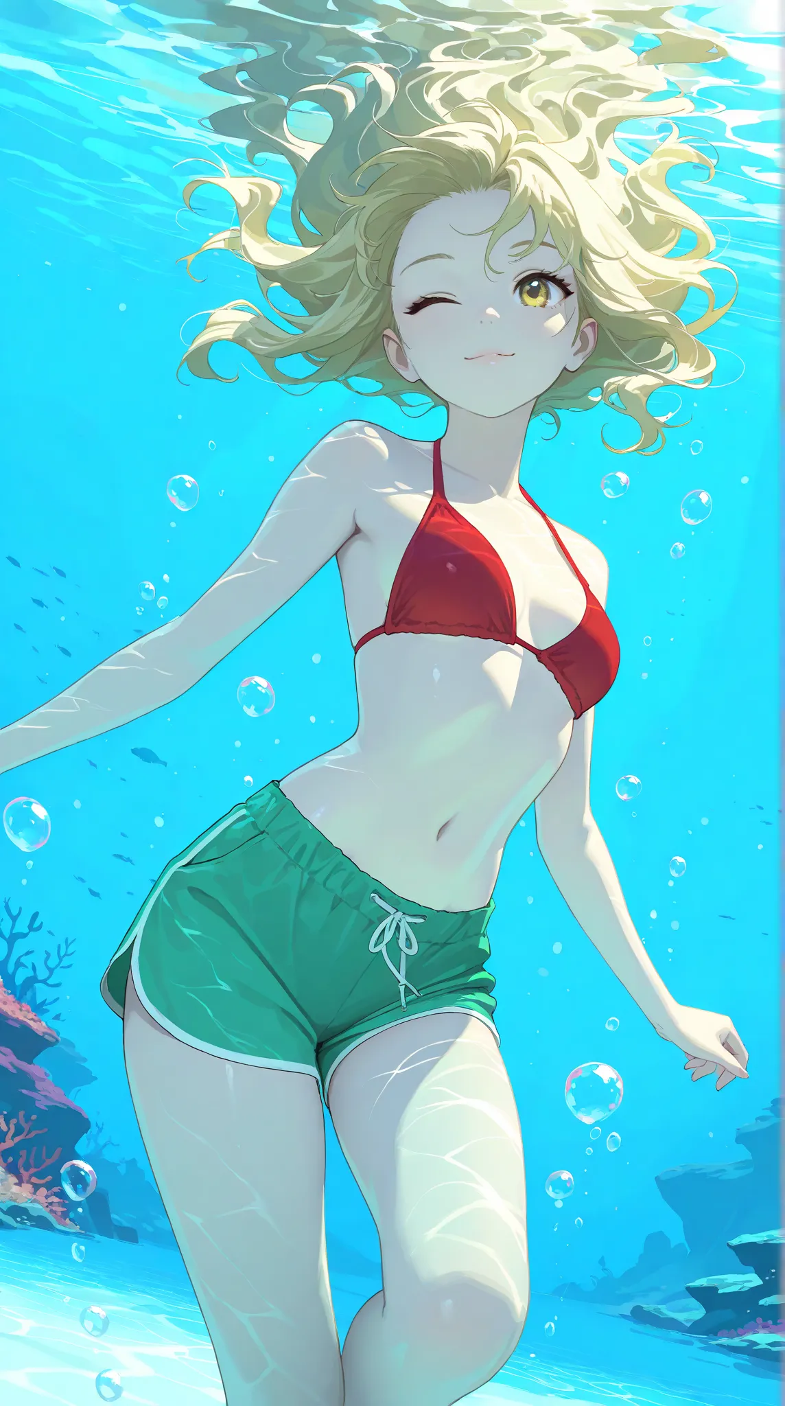 High resolution, Super detailed, Best Quality, masterpiece, 8K, 4K, beautiful background, the best aesthetics, (flat color:0.6),navel,
1girl, blonde_hair, yellow_eyes, wavy hair, medium hair,wink, underwater, swimming, clear river water, red bikini top, gr...