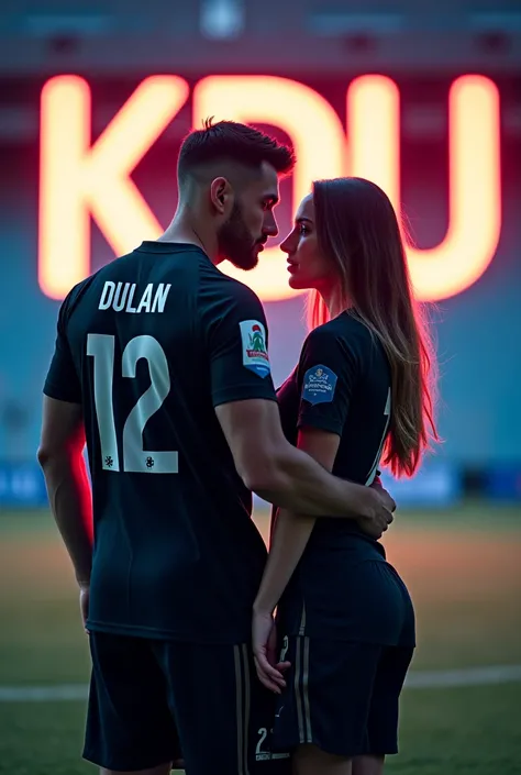 4k mobile wallpaper of soccer player with his girlfriend. Player's jersey number is 12 and jersey name is Dulan.  jersey colour is black.  KDU logo in the background. 