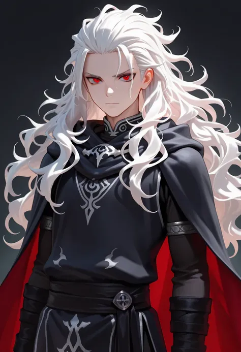 masterpiece, best quality, solo, 1boy, male,long white hair,wavy hair,chaotic hair,messy hair,hair pushed back,red eyes,black tunic,long vest, cape,dark lord