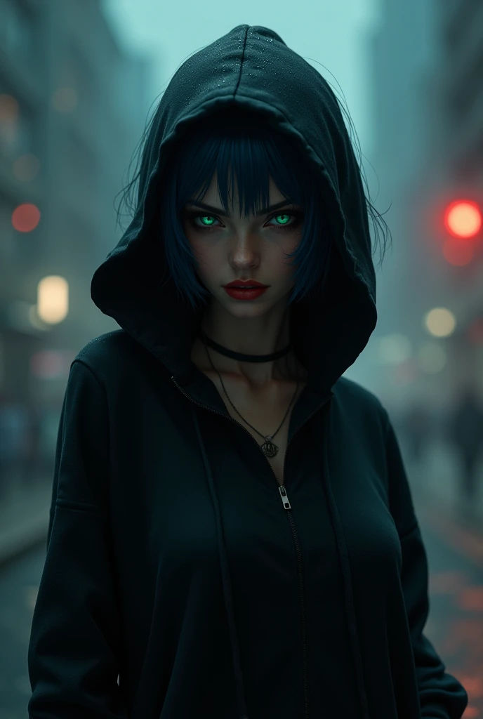 Style pokemon. Femme menaçante avec des cheuveux cours bleu nuit. Des yeux vert brillant. Portant un hoodie noir. Le fond est une ville pendant la nuit