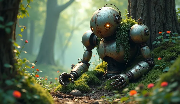 A humanoid robot, abandoned in a post-apocalyptic future, sits motionless in the heart of a dense forest. Rust and moss cover its once-polished metallic surface as nature slowly reclaims it. Vines wrap around its limbs, and delicate flowers bloom in the cr...