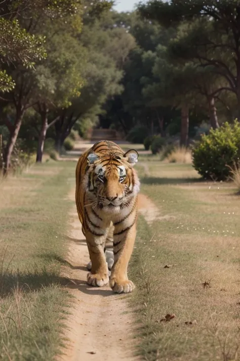 Video of   walking with tiger towards camera against dry grass background realistic video quality