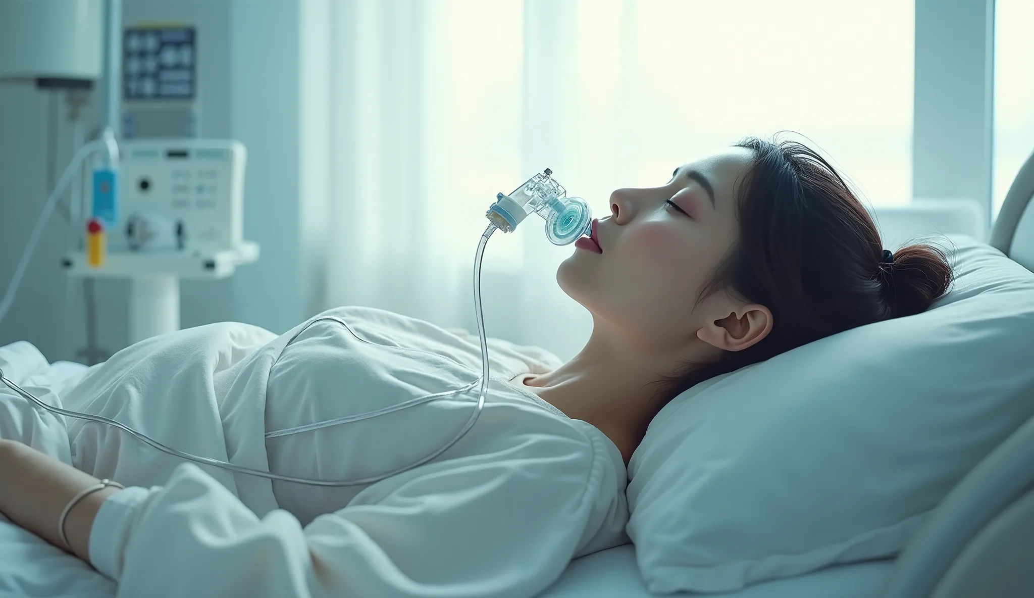 woman 30 years old with artificial respiration apparatus, lay on hospital bed, bright atmosphere
