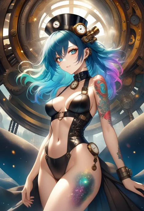 ultra detailed, absolutely resolution, masterpiece. 
cool beauty, glossy silky fluffy flowing high layered hair, captivating sparking eyes, lewd beauty expression, make up, lewd great body proportion, wearing numerous tattoos. 
background fusion of clockpu...