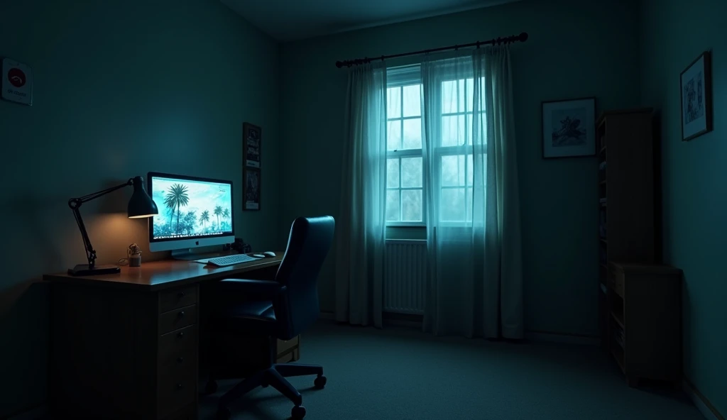 (best quality,4k,8k,highres,masterpiece:1.2),ultra-detailed,(realistic,photorealistic,photo-realistic:1.37),typical American parental bedroom in 2024, desk with computer and screen on, screen on, empty room, low lighting, horrific atmosphere