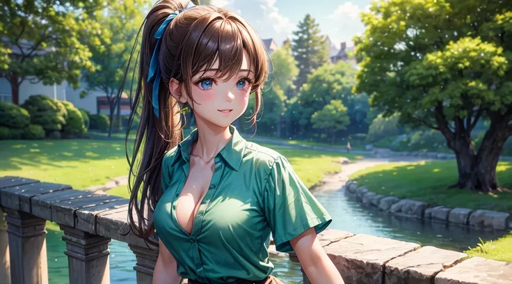 1girl, ((mature girl)), summer, trees, house, fantasy landscape, water, fish, birds, stone bridge, light brown hair, ponytail, large full breasts, dark blue eyes, large shiny eyes, ((green silk shirt)), ((unbuttoned shirt)), ((short sleeved shirt)), ((unbu...