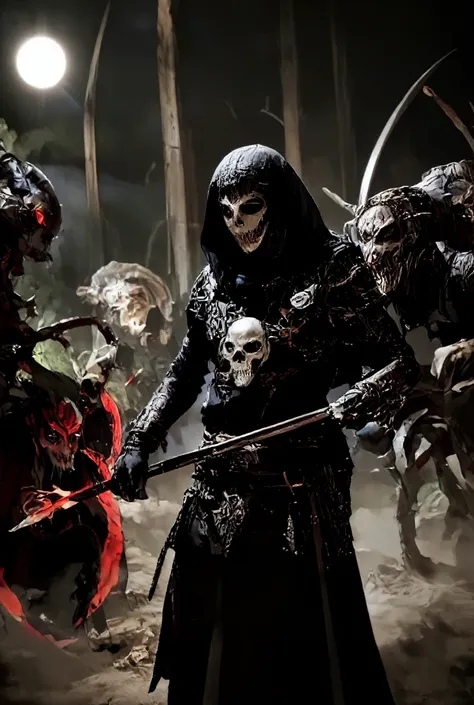 Masterpiece, dark theme, ultra Depth of field, semi realistic, 1boy, athletic body, full body, view from bottom, semi realistic clothes, black skull mask, mask mouth, black hood, demon hunter clothes, dagger on hand, fight pose with demon, 3demons, boy sla...