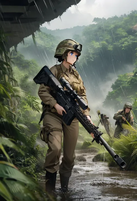  high quality、 high image quality、 highdefinition images、8K Full HD、 anime style、wallpaper、A  is wearing a realistic modern American military uniform:1.3、 Gold、 blue eyes、 sniper rifle 、1 girl wearing a camouflage helmet 、Small Hill、 rain is falling、Should...