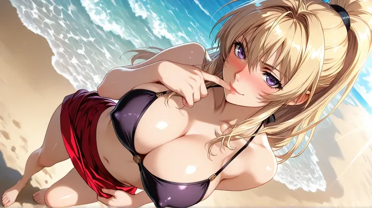   saeki kaori (bible black ) a woman in a bikini standing on a beach next to the ocean, looking at viewer with a sunset in the background, outdoors, sand, ponytail, lips, high ponytail, miniskirt, skirt lift, red skirt, cleavage, purple eyes, long hair, bl...