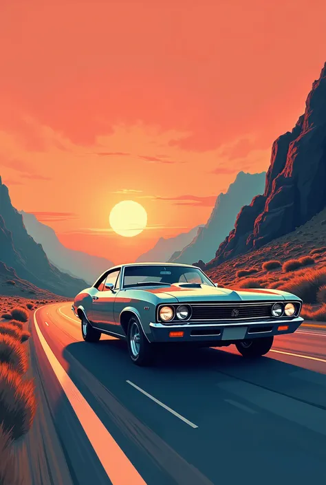 A retro illustration of a classic 60s muscle car cruising down a high way at sunset. Bright, bold colors with dreamy background