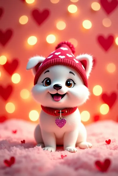 A small, white puppy, likely a Samoyed or similar breed, is centered in the image. The puppy is a young, playful looking dog. It is wearing a red knitted hat with white hearts and a sparkly red collar with a pink heart-shaped pendant. The puppy's expressio...