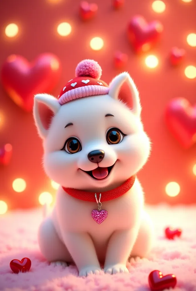 A small, white puppy, likely a Samoyed or similar breed, is centered in the image. The puppy is a young, playful looking dog. It is wearing a red knitted hat with white hearts and a sparkly red collar with a pink heart-shaped pendant. The puppy's expressio...