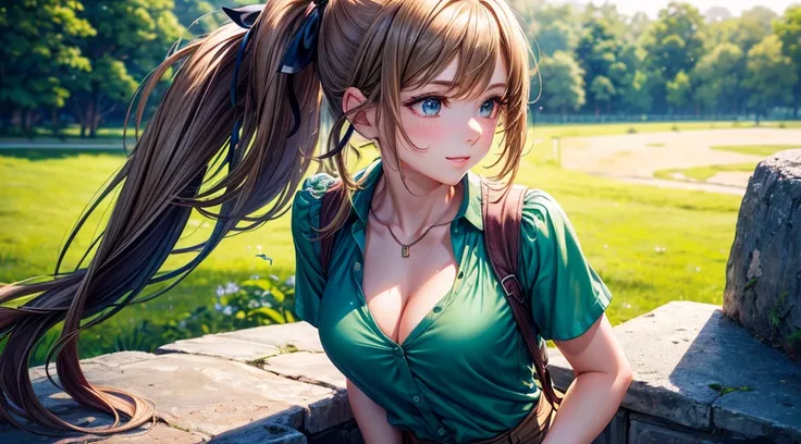 1girl, ((mature girl)), summer, trees, house, fantasy landscape, water, fish, birds, stone bridge, light brown hair, ponytail, large full breasts, dark blue eyes, large shiny eyes, ((green silk shirt)), ((unbuttoned shirt)), ((short sleeved shirt)), ((unbu...