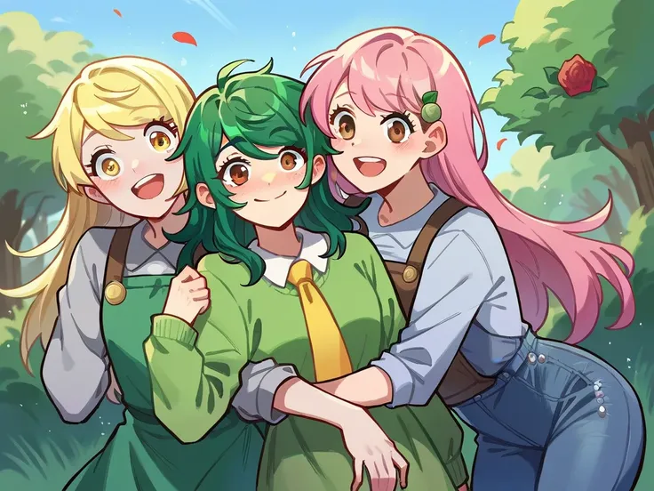 3 girls, forest background, smile, looking aT viewer, grupal hug, BREAK, Wallflower Blush, light blue jeans, green hair, long hair, long sleeves, BREAK, Rose, pink hair, rose on hair, green dress, square neck, BREAK, Derpy Hooves, light blue blouse, yellow...