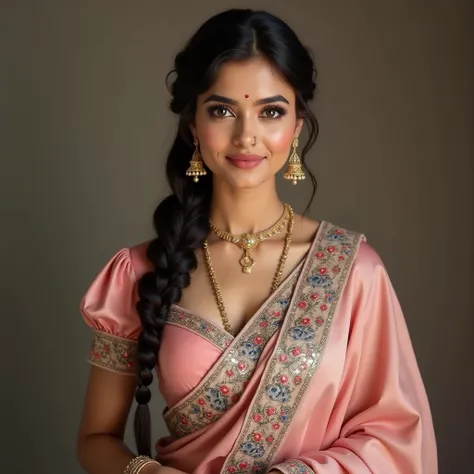 Gorgeous fair womens in 30s wearing silk saree satin and cap Puff or Pleated Sleeve Blouses, look ultra realistic human wearing bangle, wearing bindi, gold Jhumka Earrings and necklace, long Hair Braid on right side, well figure with curvaceous body, stari...