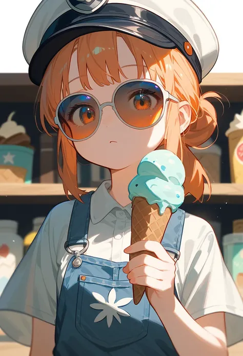 lively，pastel tones，Ghibli，Cute girl，Light orange hair， hair tied， youth，peaked cap，Ice cream in hand，Denim wide shelf ， sunglasses worn on the head， simple background ，Life，Illustration sense， warm light shade ，soft，whole body