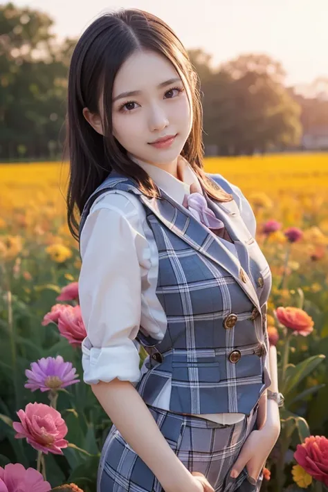 ( by Nomi: 1.4), ( top quality: 1.4),  ultra high resolution, (fine grain),(( Sculpture Pose )), young woman alone,( big breasted)(( Plaid Vest )), big eyes, blushed,  very detailed face and skin textures,  healthy skin, 8k resolution for kindergarten ren,...