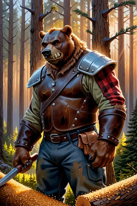 Subject Description(Robust Bear Orc Lumberjack)  
 visual style ：Gritty fantasy oil painting ( Rugged Fantasy Oil Painting Style )  
Detail features：Primitive leather workwear (Original Leather Workwear )  
Atmosphere rendering：Golden hour forest lighting ...