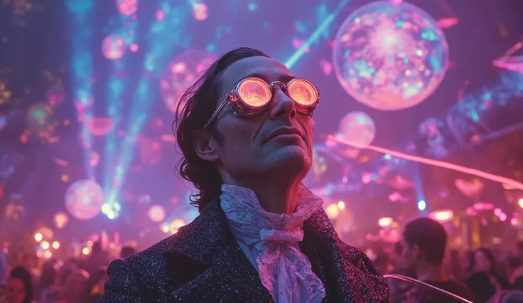 A close-up of a man in a Victorian suit with a glowing, retrofuturistic monocle, his face alive with joy as he spins under the dazzling lights of the rave. His eyes are locked in an ecstatic trance, illuminated by vibrant laser beams that cut through the m...