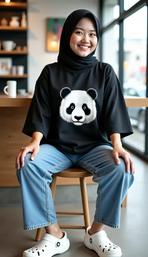  A beautiful Korean woman wearing a hijab, , chubby , wearing a black oversize t-shirt with a picture of a panda, wearing baggy skinny jeans ,  aesthetic cafe background in white, wearing white crocs sandals ,sit in the style of a scan, face smile face cam...