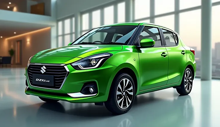 Generate the image exterior side view of a  (2025 Maruti Suzuki Dzire)  (green) seating pristine showroom ].