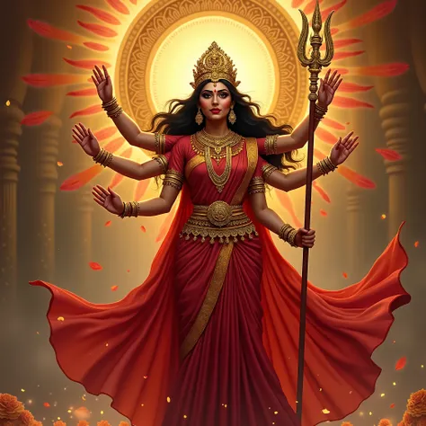 "A powerful Bengali woman in traditional red attire, holding a trident, standing majestically like Durga Maa. The background features elements of Durga Puja with vibrant decorations and the aura of divine strength, symbolizing empowerment and resilience."