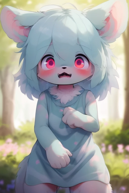 high quality, masterpiece, ultra detailed, 8k, high quality shadows, detailed shadows, 1boy, solo, furry, detailed fur, anthro, albino color dog,  droopy dog ears, droopy dog ears collie, very long teal hair, sharp fangs, pink nose, pink paws, heterochromi...