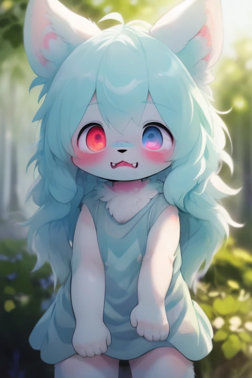 high quality, masterpiece, ultra detailed, 8k, high quality shadows, detailed shadows, 1boy, solo, furry, detailed fur, anthro, albino color dog,  droopy dog ears, droopy dog ears collie, very long teal hair, sharp fangs, pink nose, pink paws, heterochromi...