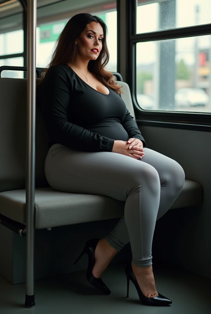 ass thick thighs woman sits in a bus legs crossed,grey leggings high heels black long sleeve shirt,side view only 