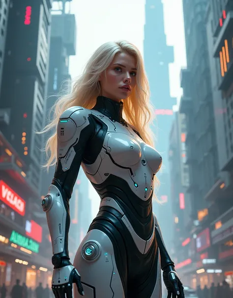 girl entrepreneur, blonde in a technological robotic suit, surrounded by a technological world of the future 